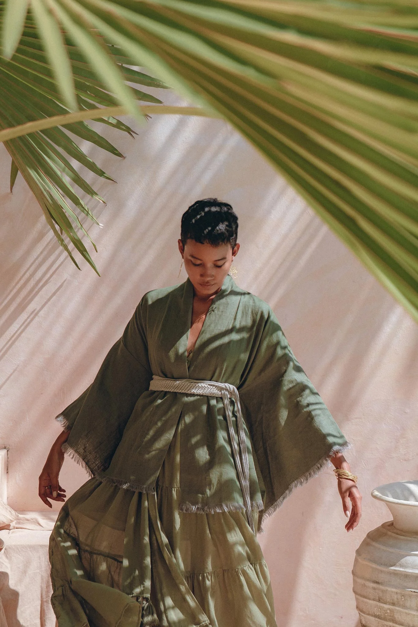 Short Linen Kimono Wrap with Belt • Bohemian Kimono Jacket For Women - Image 8