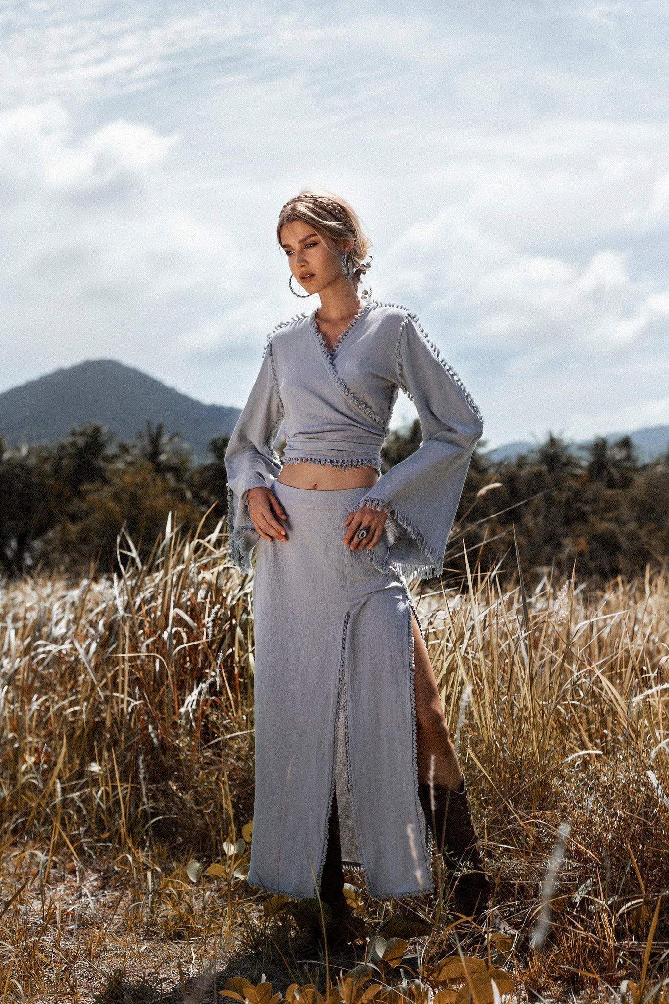 Sky Blue Maxi Skirt • Handmade Tassels Skirt • Open Sides Goddess Boho Skirt - Image 2