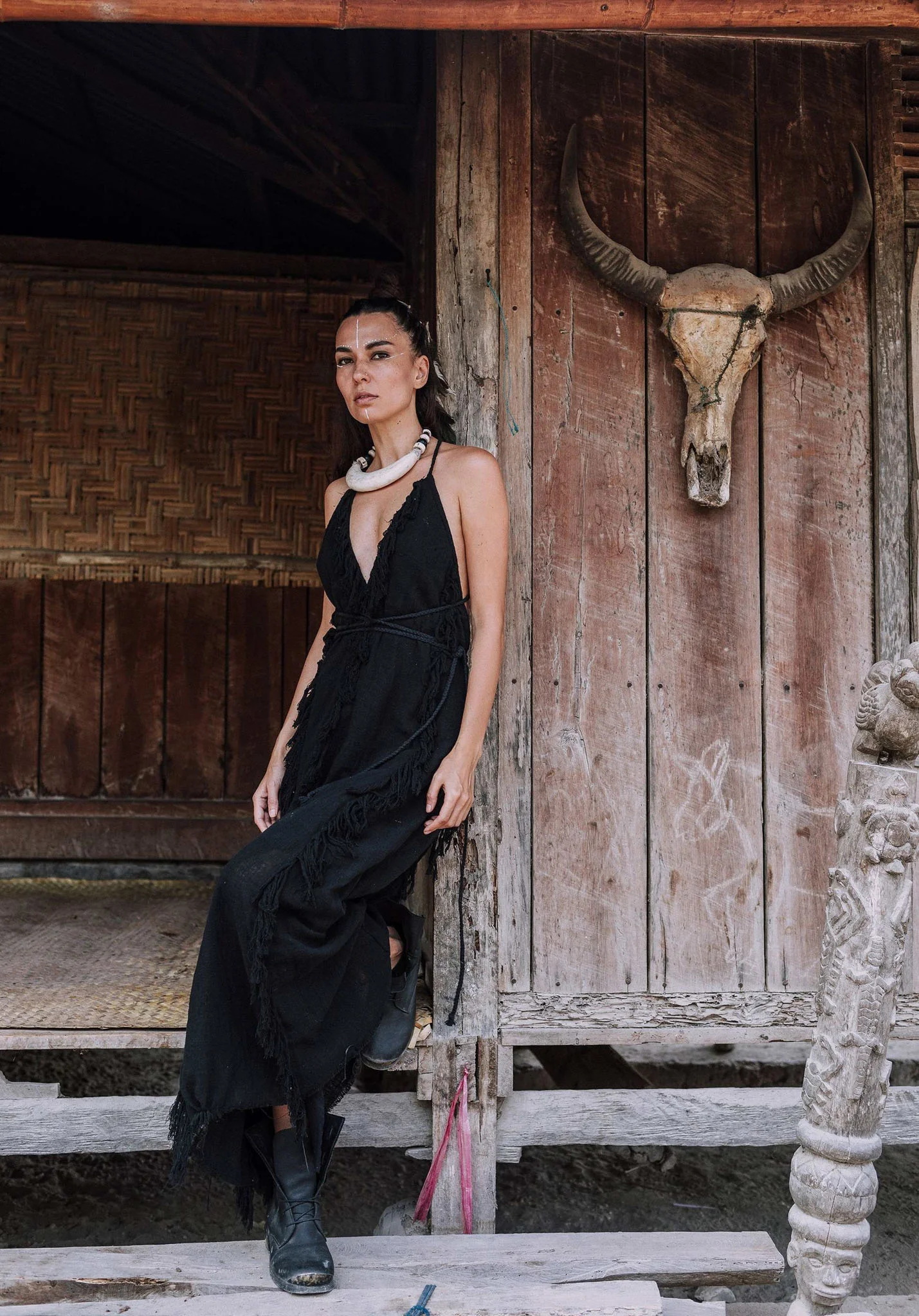 Timeless Black Raw Cotton Fringe Goddess Dress