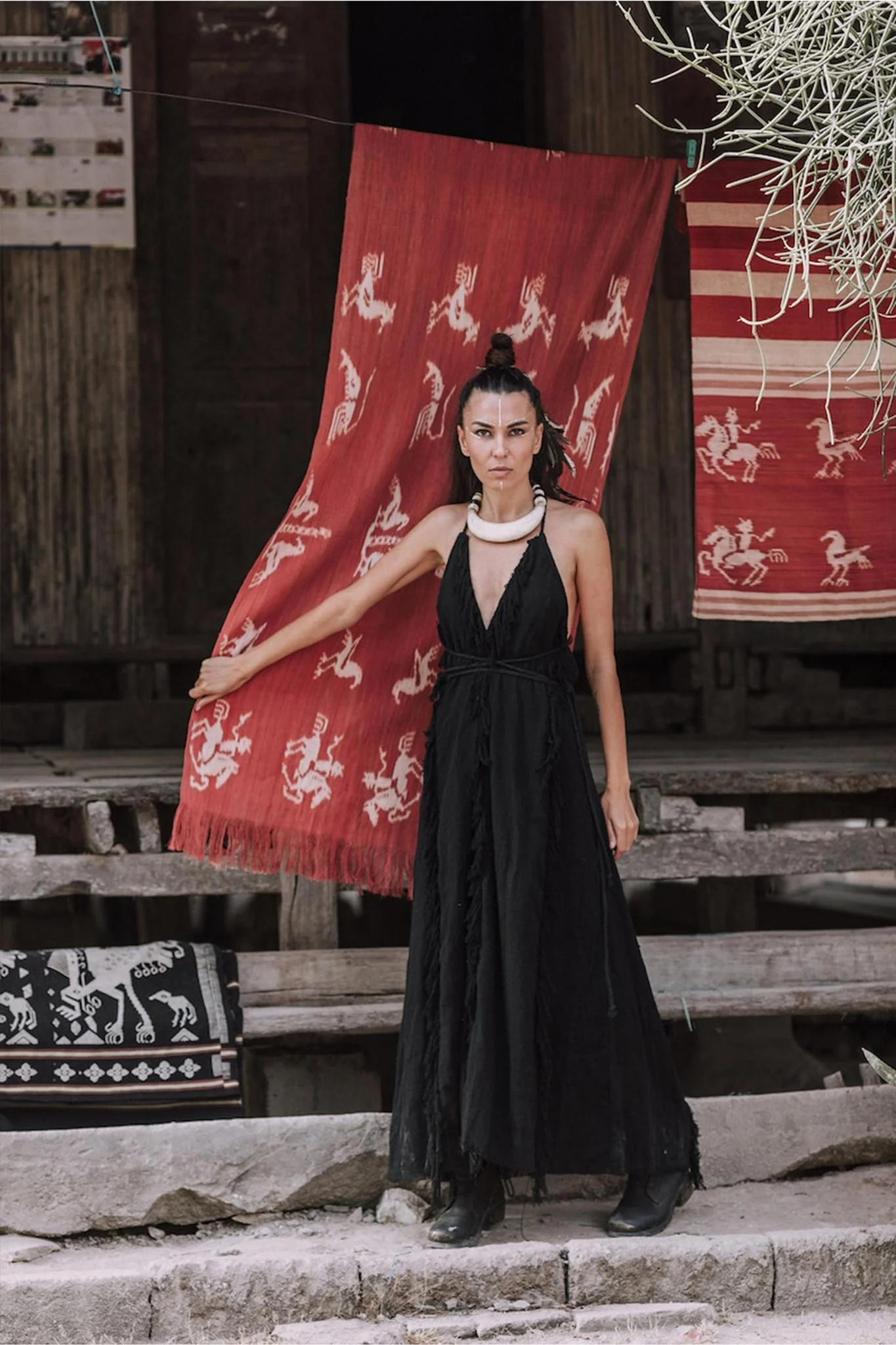 Timeless Black Raw Cotton Fringe Goddess Dress - Image 10