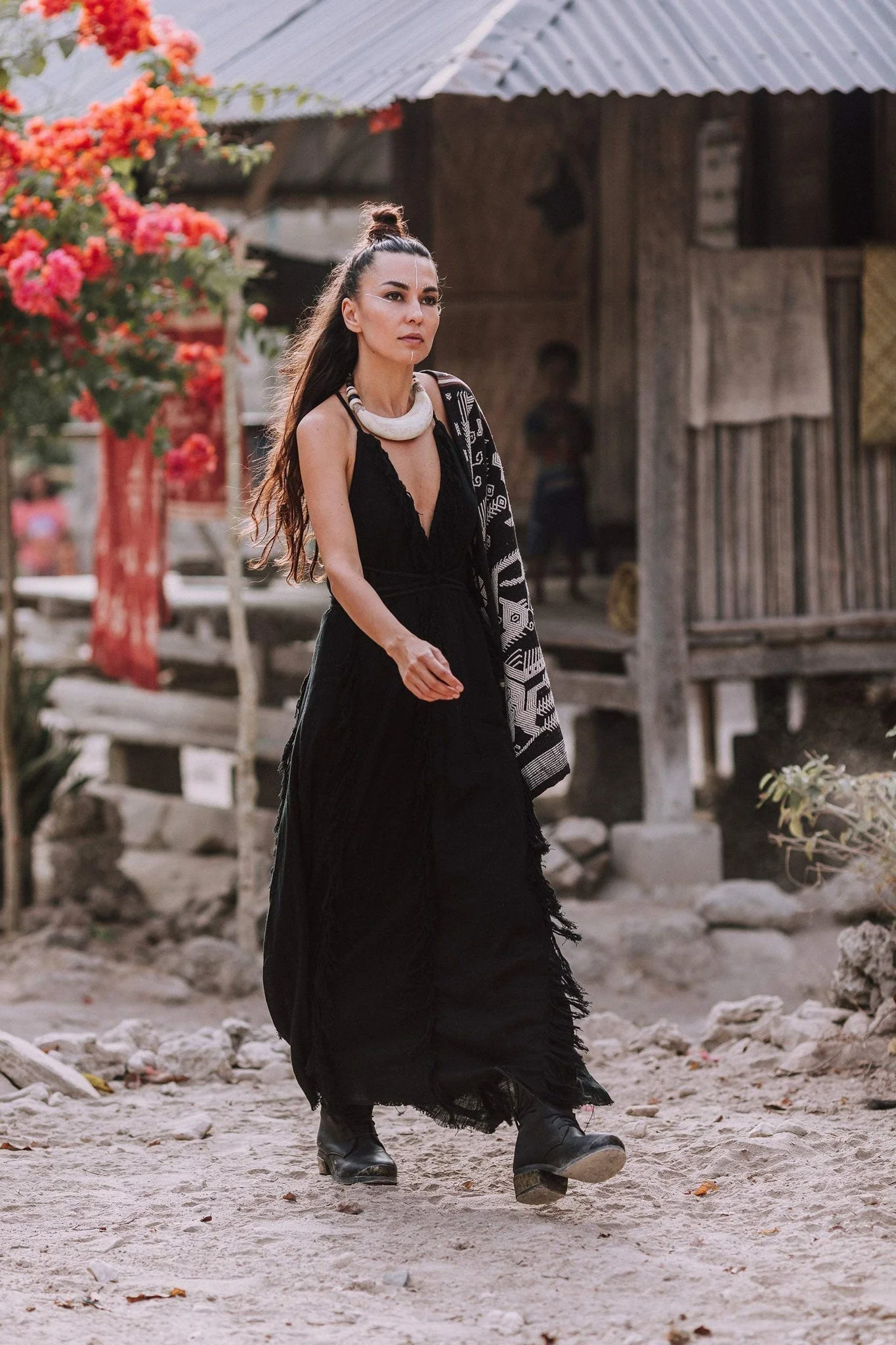 Timeless Black Raw Cotton Fringe Goddess Dress - Image 4