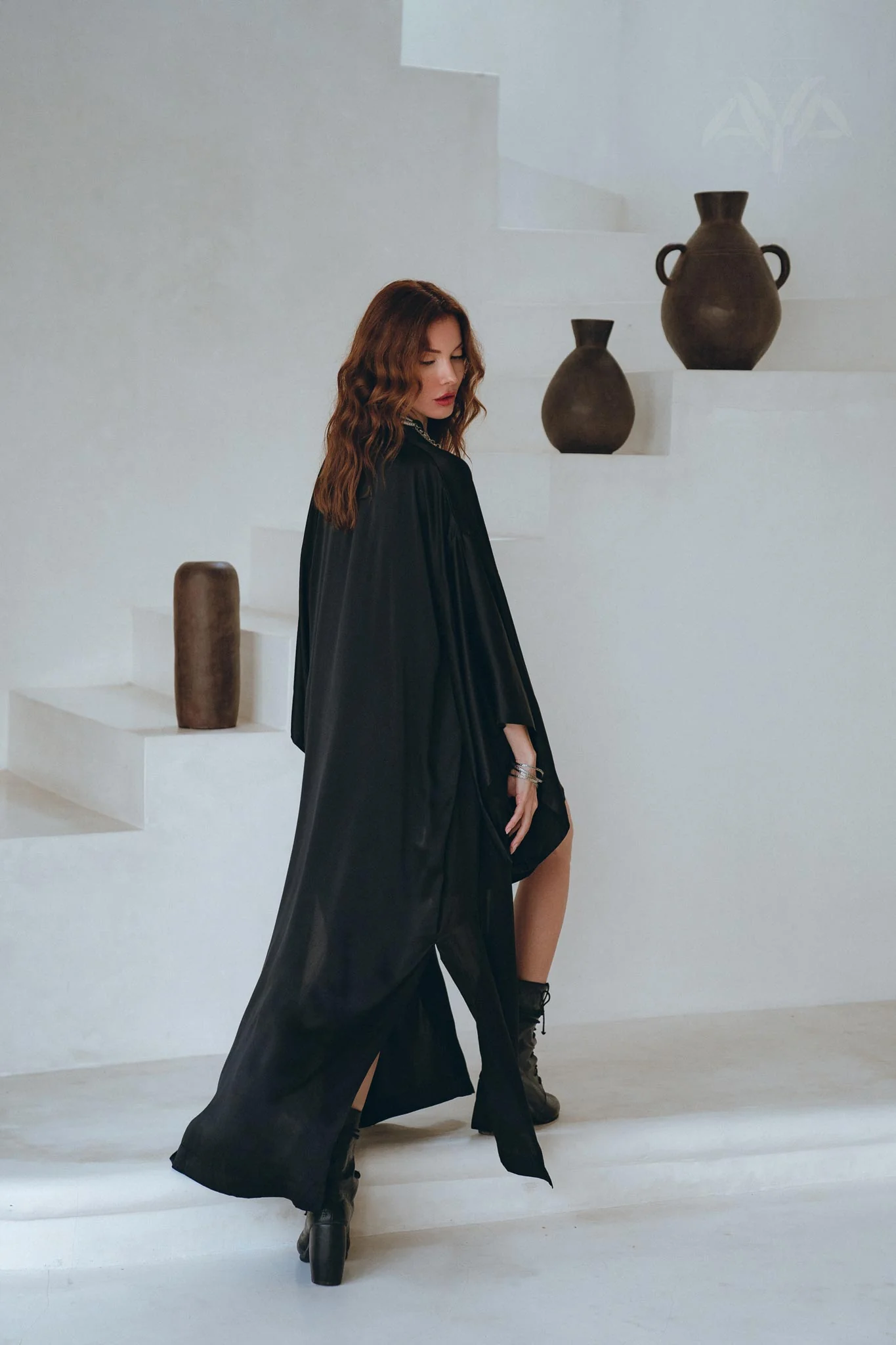 Wide Sleeve Bohemian Kaftan Cardigan • Black Peace Silk Kimono Robe - Image 2