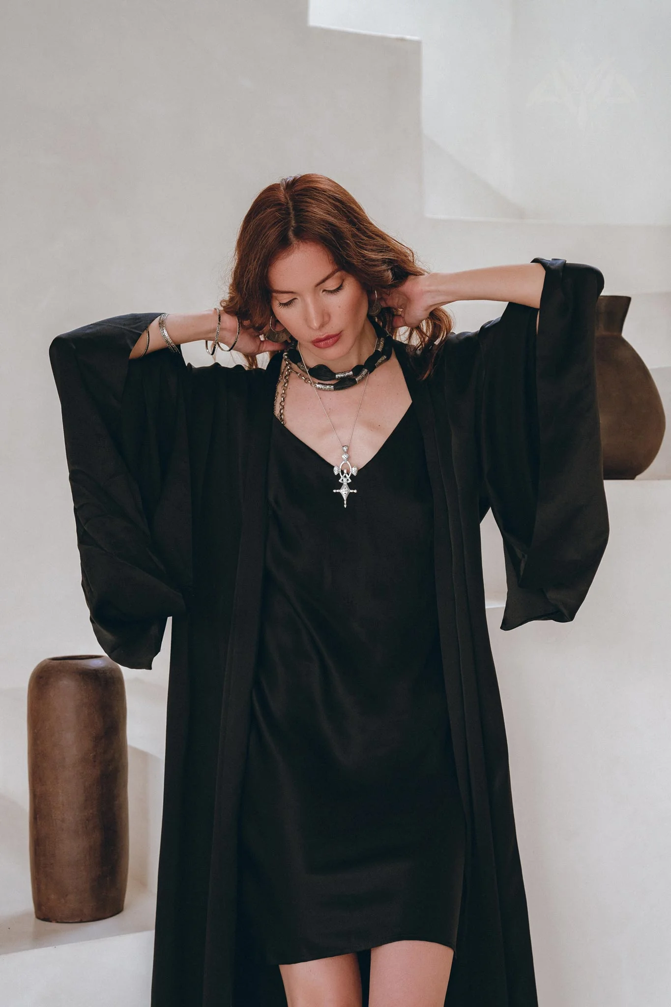 Wide Sleeve Bohemian Kaftan Cardigan • Black Peace Silk Kimono Robe - Image 7