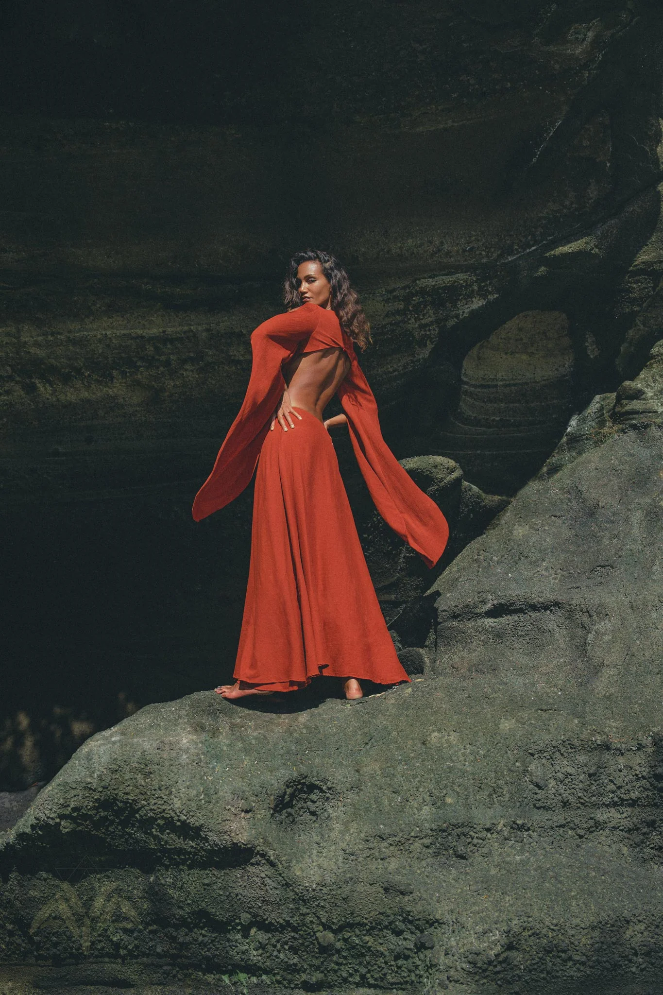 Red Rose Greek Goddess Dress • Boho Bridesmaid Dress • Bell Sleeves Dress - Image 5