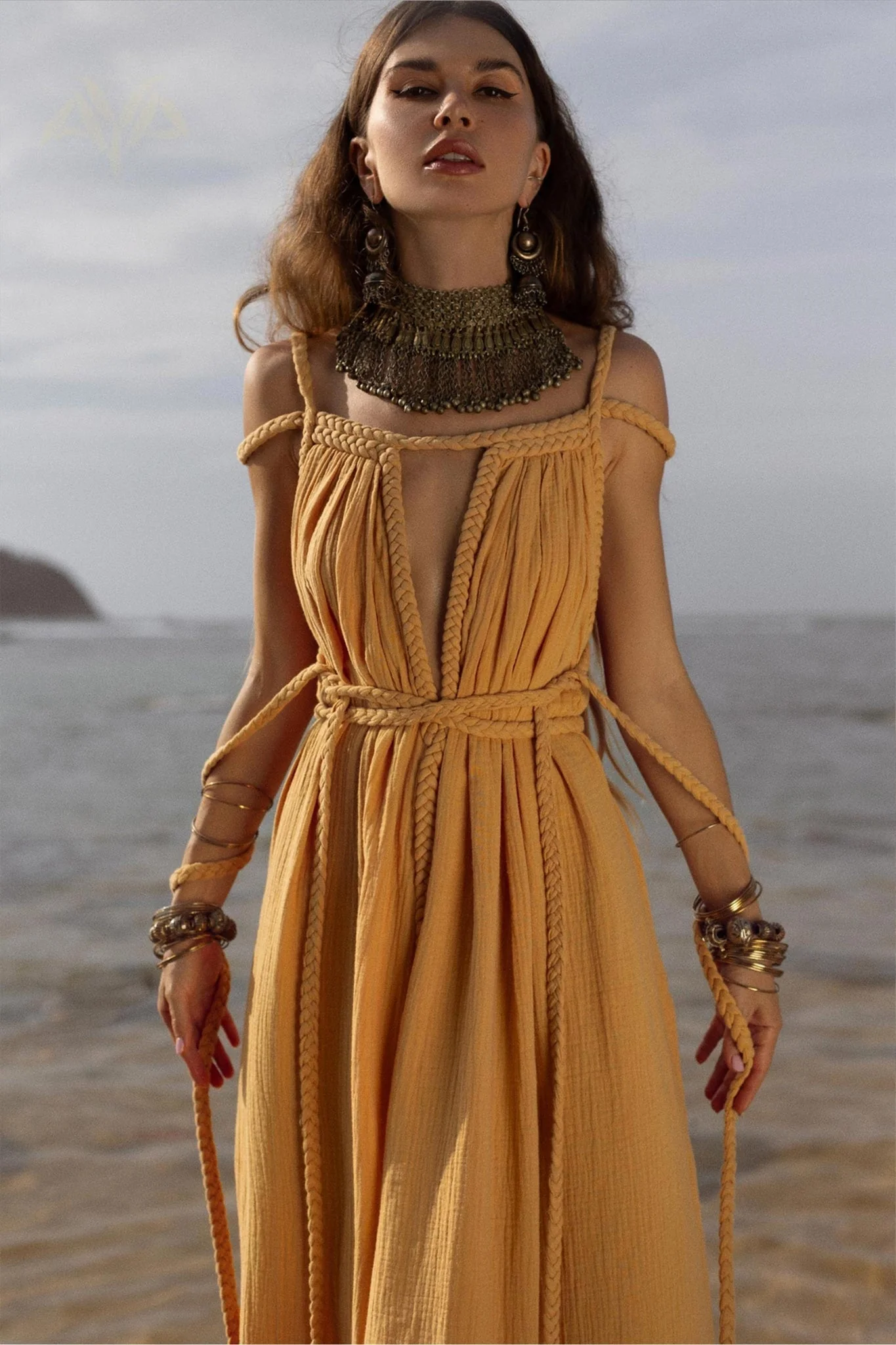 Yellow Gold Greek Goddess Prom Boho Dress - Image 3