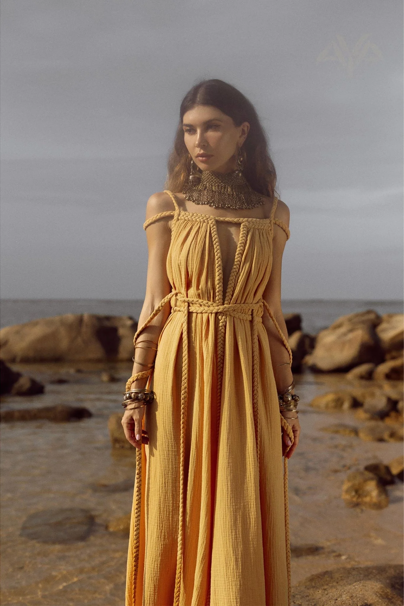 Yellow Gold Greek Goddess Prom Boho Dress - Image 4