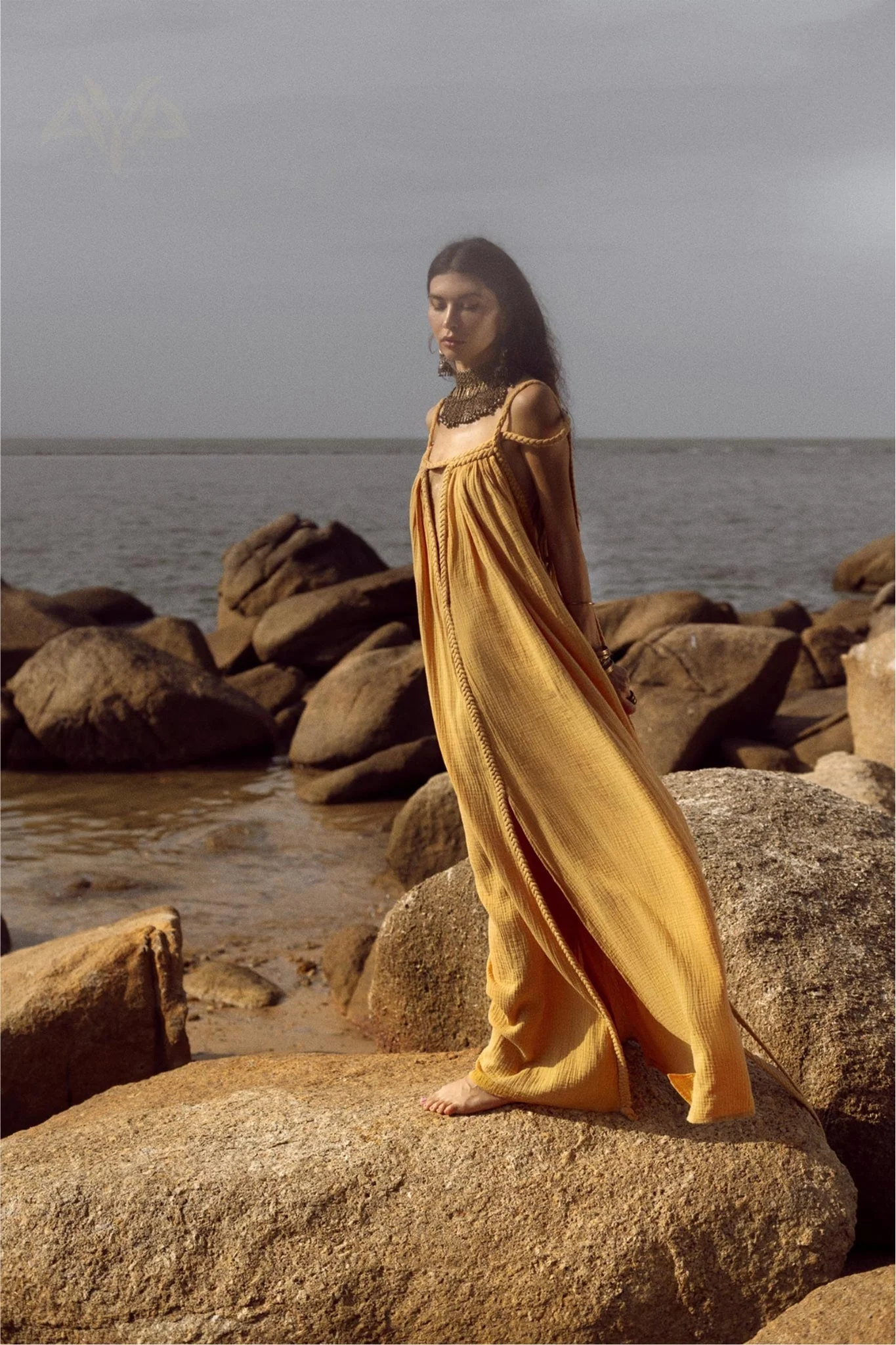 Yellow Gold Greek Goddess Prom Boho Dress - Image 5