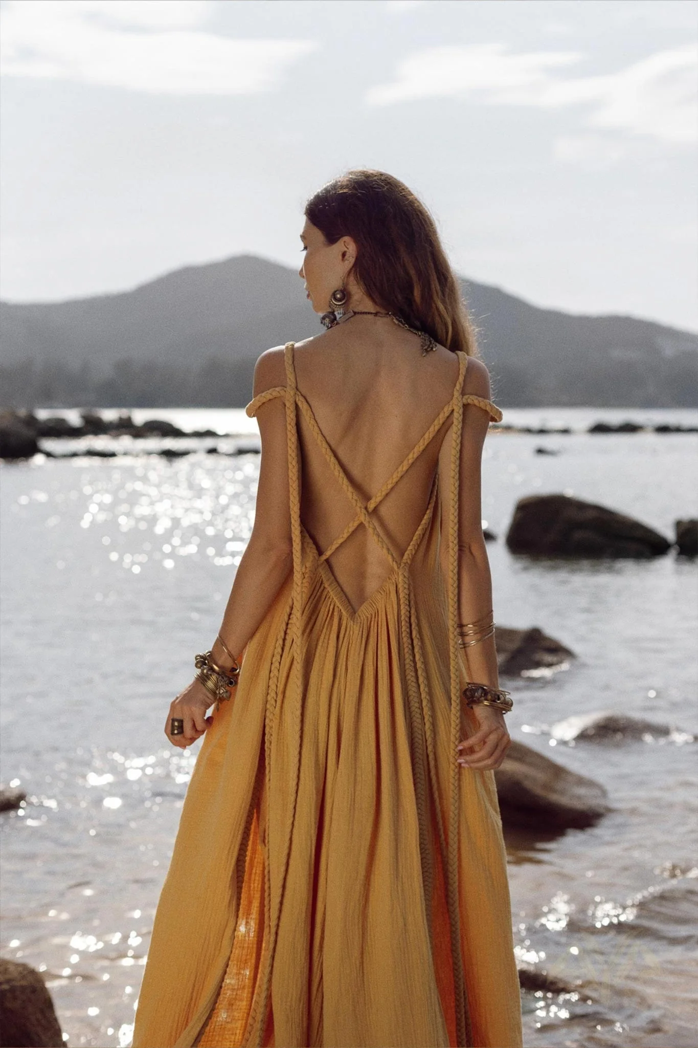 Yellow Gold Greek Goddess Prom Boho Dress - Image 6