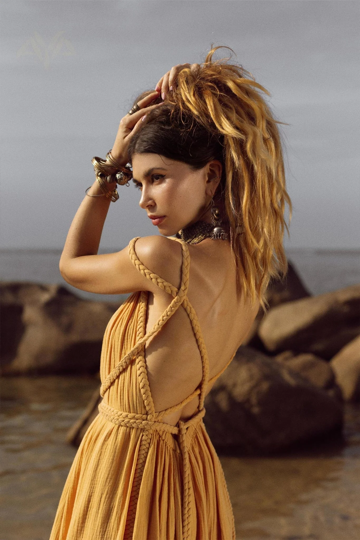 Yellow Gold Greek Goddess Prom Boho Dress - Image 8
